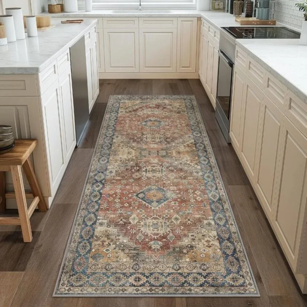 New 2x5 Non-Slip Runner Rug, Machine Washable Vintage Boho Chenille Carpet, Red